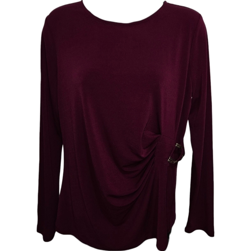 NWT Adrianna Papell Ruched Side Gold Buckle Long Sleeve Top